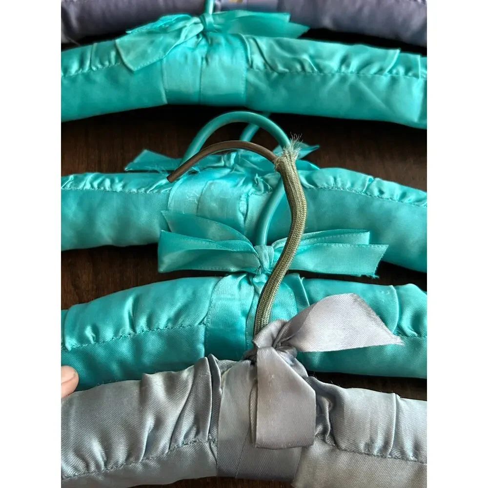6 Vintage satin padded clothes hangers ribbon bows purple, turquoise, silver